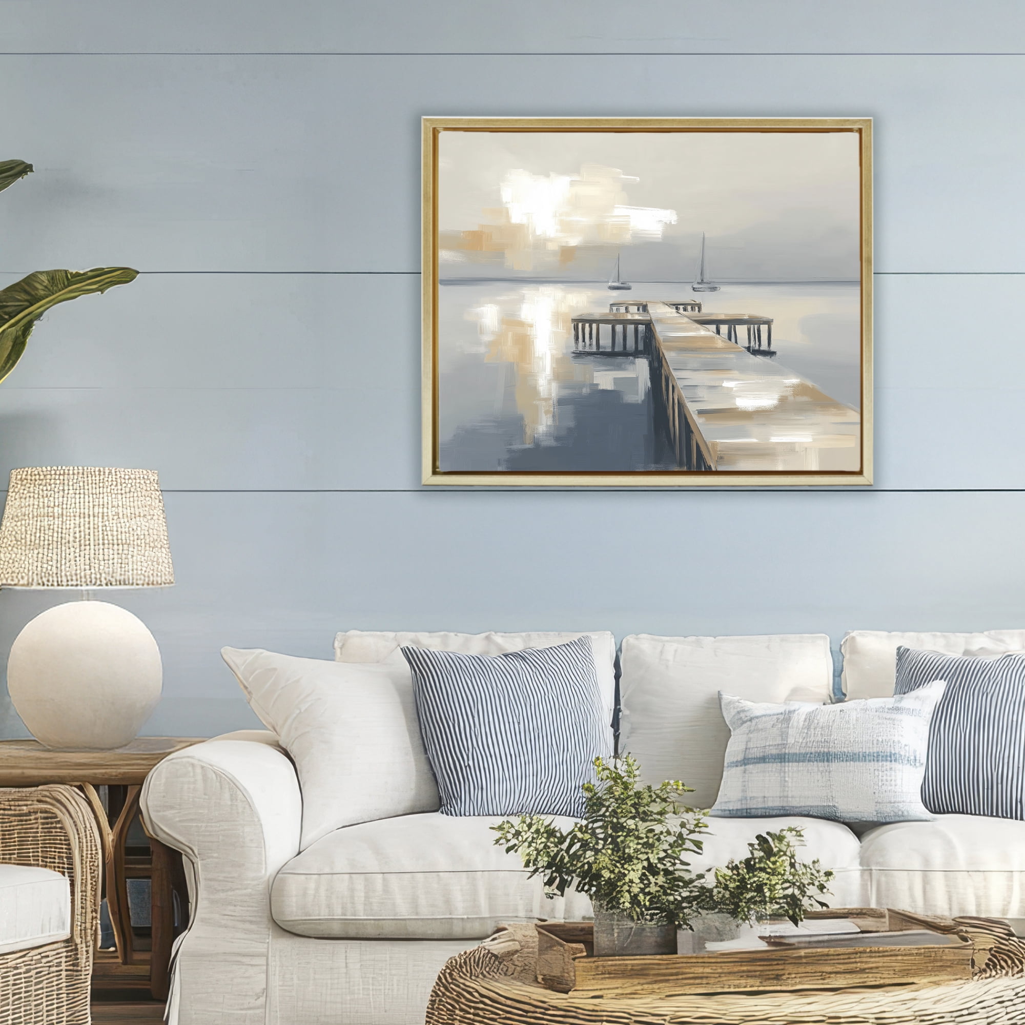 Stupell Industries Pier with Two Boats Seascape Gold Framed Floater Canvas Wall Art, design by Kim Curinga