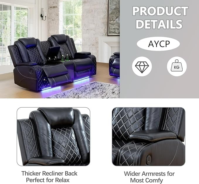 Power Recliner Sofa Set with LED Lights, Air Leather Home Theater Seating with USB Ports, Cup Holders, Hidden Storage, Black