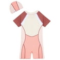 thumbnail image 3 of renvena Girls Short Sleeve Rash Guard Swimsuit Bathing Suit UV Sun Protection Swimwear with Swim Hat Beige XL, 3 of 7