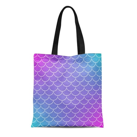 ASHLEIGH Canvas Bag Resuable Tote Grocery Shopping Bags Mermaid Tale on Gradient Bright Color Transitions Fish Scale Tote