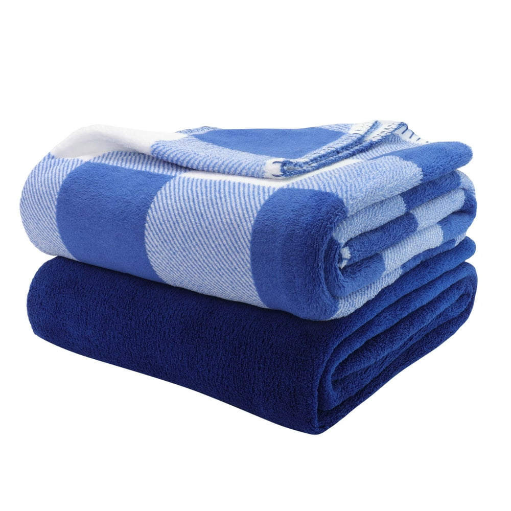 Mainstays Fleece Plush Throw Blanket, 50" x 60", Blue Plaid, 2Pack