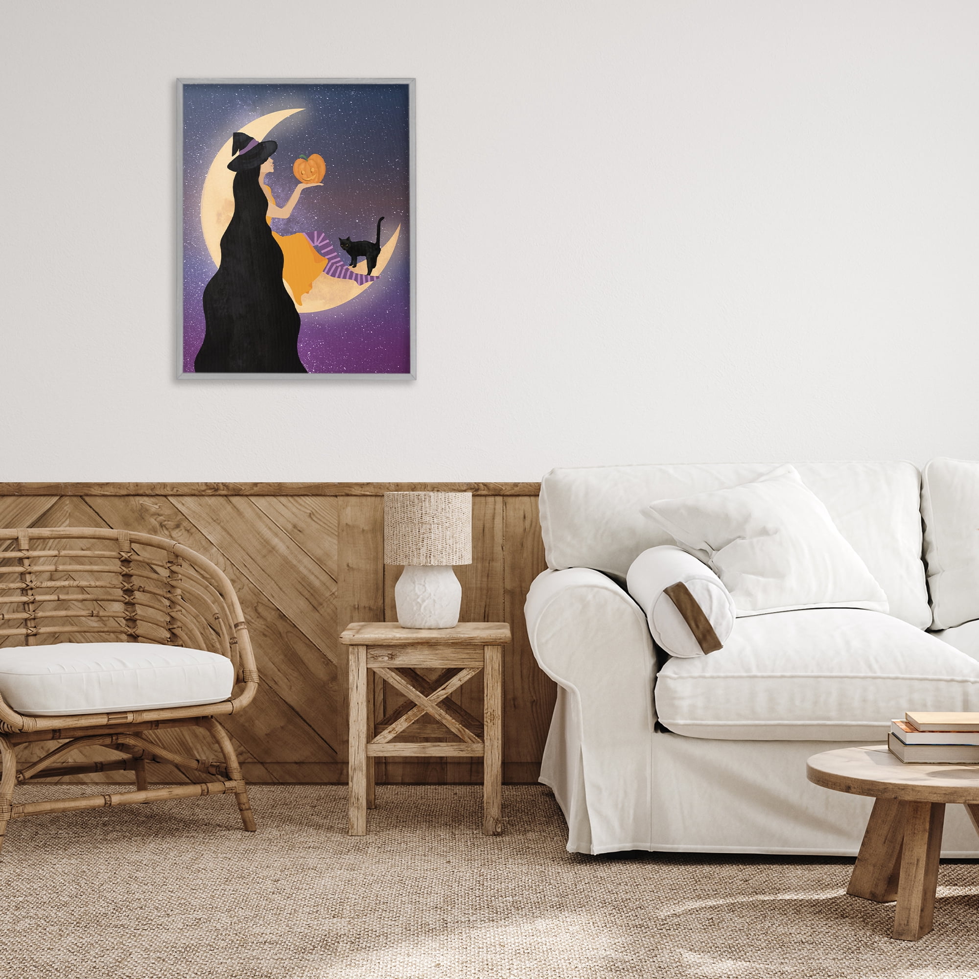 Stupell Industries Moonlit Witch Holding Jack-o-Lantern Gray Framed Giclee Art, design by Daniela Santiago