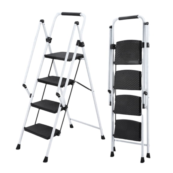 SYNYLIIFE 4 Step Ladder, Lightweight Step Stool with Handrails and Wide Anti-Slip Pedal, Folding Step Ladder for Home, Office, Kitchen and Garage, 330lbs Capacity Sturdy Steel Ladder, White