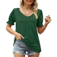 thumbnail image 1 of Camisa de verano holgada para mujer con detalle fruncido, talla M, escote en V, manga abullonada verde, 1 of 6
