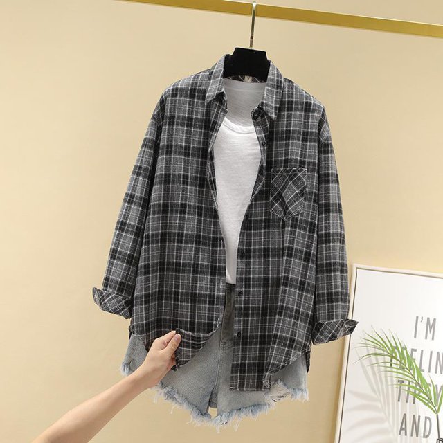 Las Mujeres Blusa A Cuadros Camisa De Manga Larga Suelta Moda Retro Estudiante Universitario Salvaje Estilo Coreanopangjing