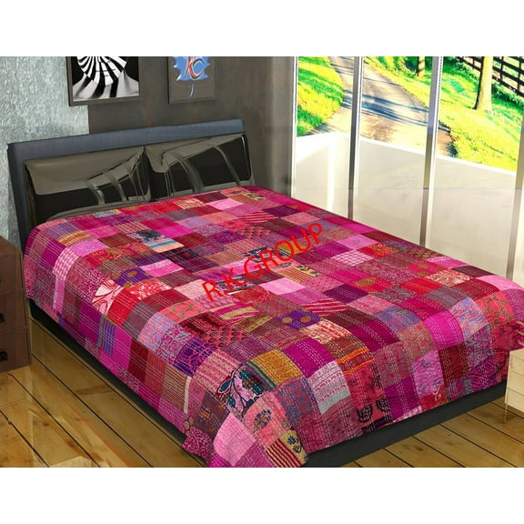 Indian Silk Twin Pink Patola Sari Patchwork Kantha Bedspread Bed Cover BohemianThrows Quilted Reversible Blanket