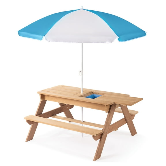 Kids Wooden Picnic Table with Umbrella, 3-in-1 Outdoor Sand Water Table, Convertible Activity Table for Toddlers, Solid Cedar Wood, Gray, CPSIA Certified