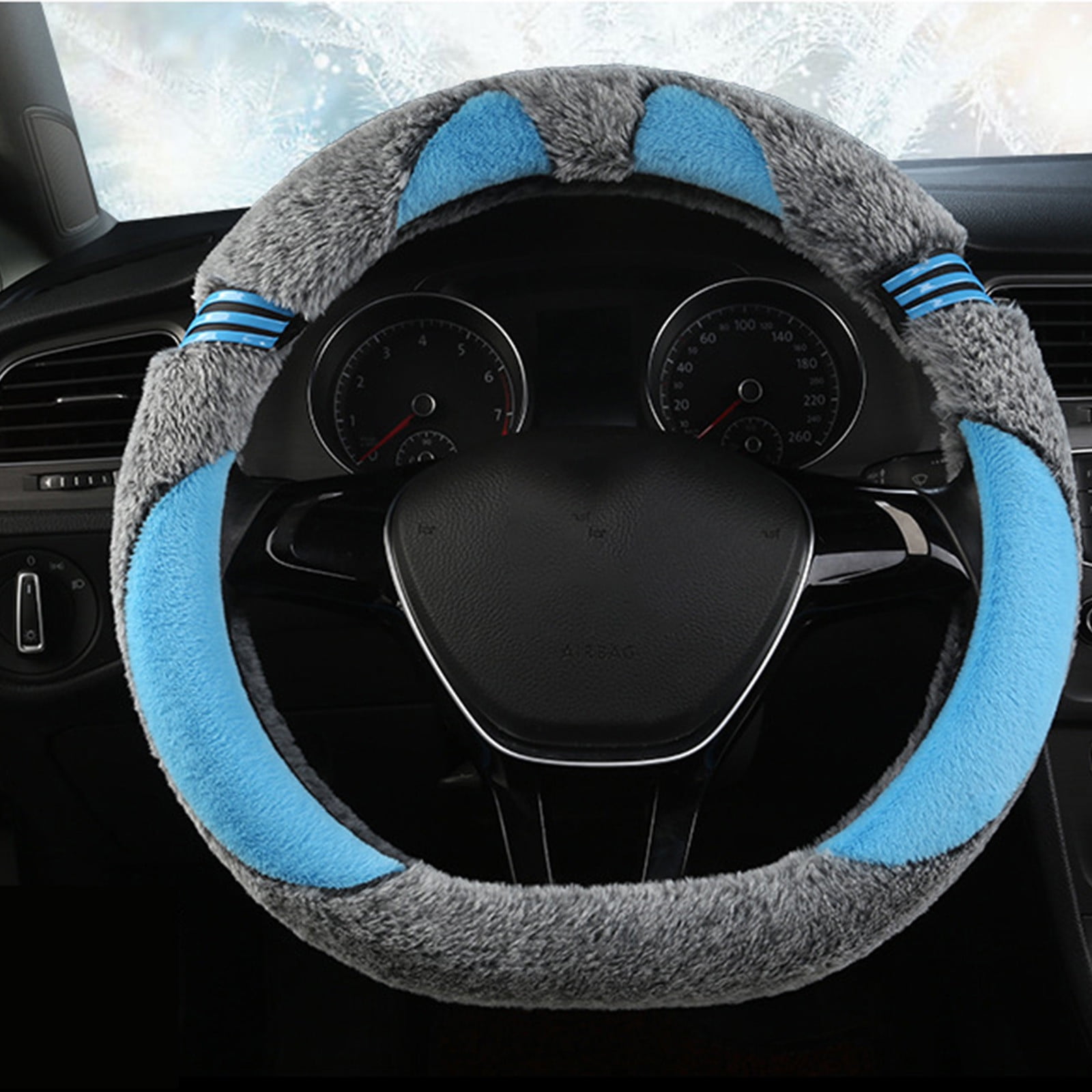 Kbndieu Car Steering Wheel Cover Women Man, Fluffy Plush for Winter Warm, Fuzzy Steering Wheel Protector, Universal 14-15 Inch, Soft & Non-Slip, Lovely Decor Winter Car Accessories (Blue)