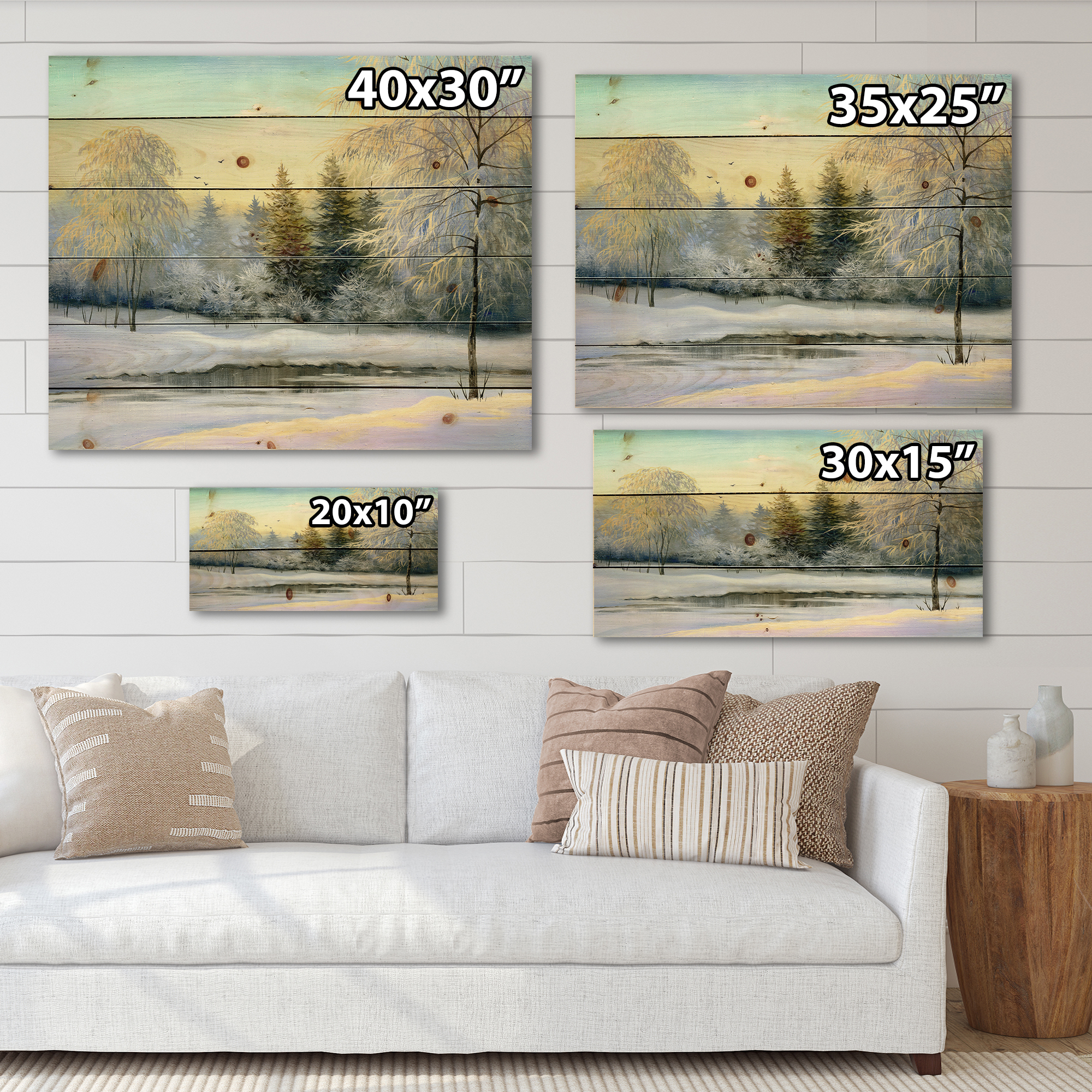Designart 'Green Trees In Beautiful Winter Snow Landscape' Traditional Print on Natural Pine Wood