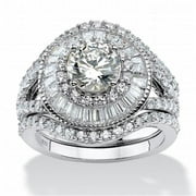 561967 3.53 TCW Round Cubic Zirconia Double Halo 3-Piece Bridal Set, Platinum Over 0.925 Sterling Silver, Size 7