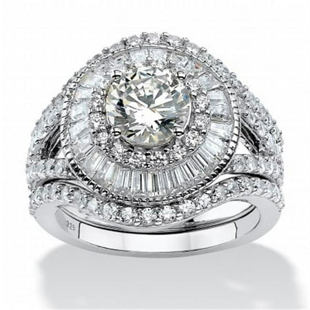 561967 3.53 TCW Round Cubic Zirconia Double Halo 3-Piece Bridal Set, Platinum Over 0.925 Sterling Silver, Size 7