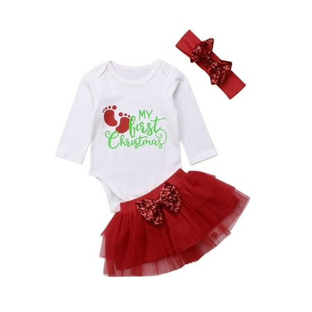 

Gureui 3pcs My 1st Christmas Baby Girls Princess Romper+Tutu Skirts Dress Outfit Toddler Fall Winter Clothes Set