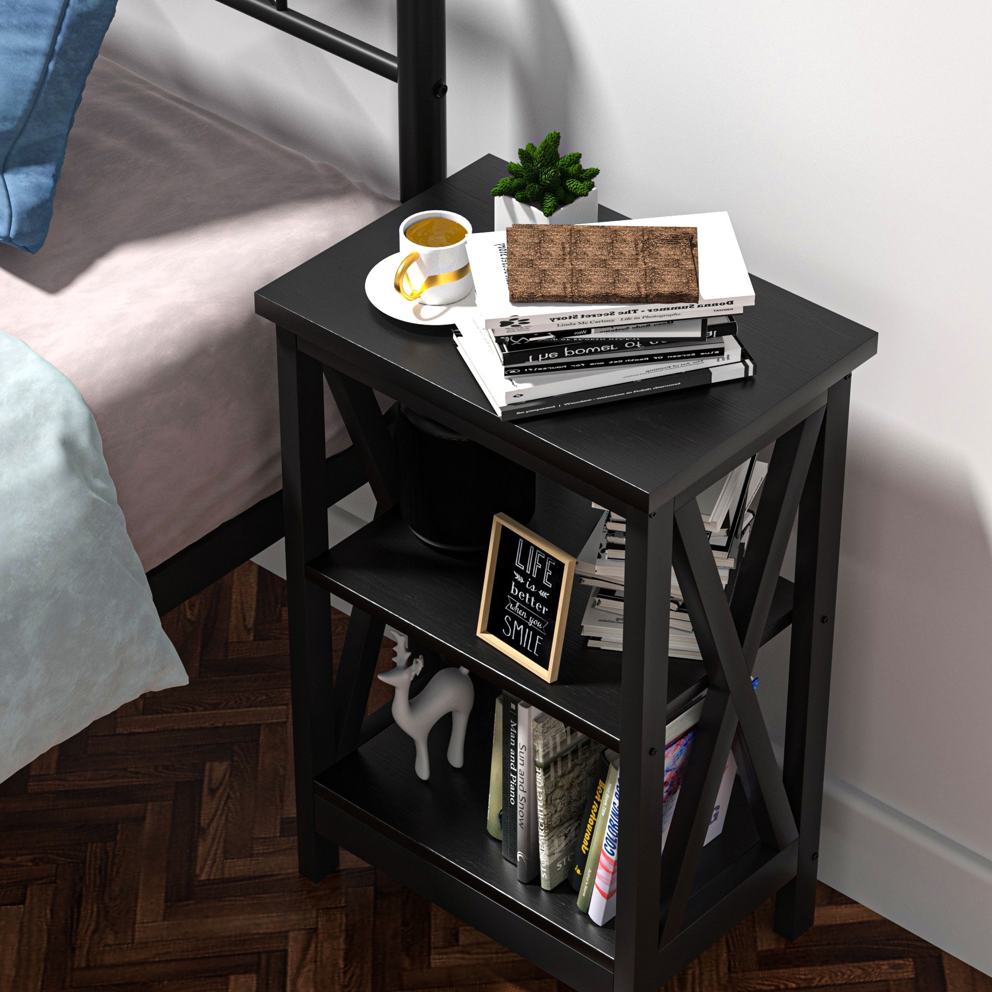 VECELO Set of 2 Nightstand with 3-Tier Shelf, Side End Table for Living Room, Bedroom, Black