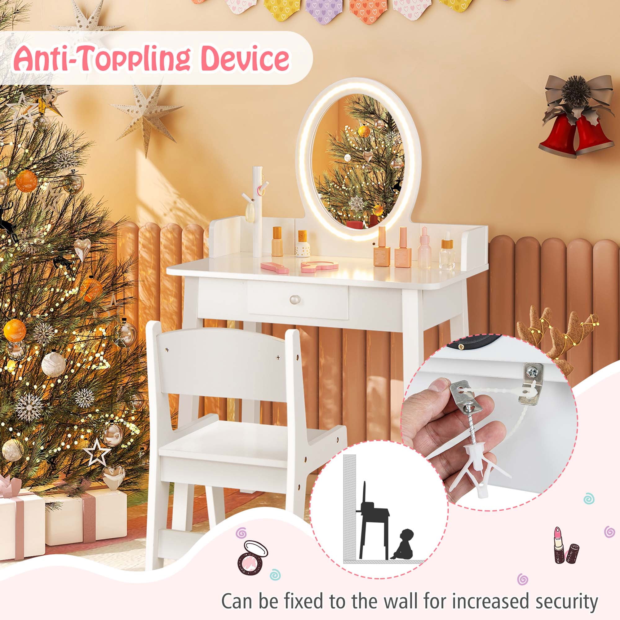 Costway Kids Vanity Set with Lighted Mirror Chair 2-Color LED Lighting for Girls Makeup White