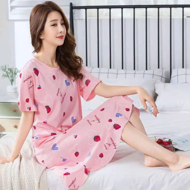 Pyjama Décontracté Grande Taille à Motif d'Ourson, Col Rond, Manches Courtes, Pyjama pour Femmes, Été, Longueur Genou, Robes QZX