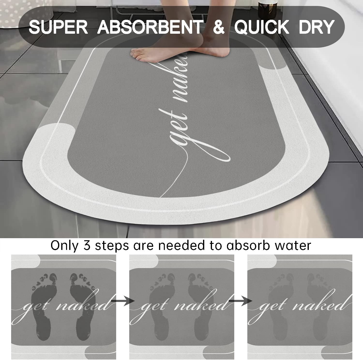 Funny Get Naked Bath Mat 17"x27" Super Water Absorbent Quick Dry Rubber Backed Washable Fun Bathroom Rugs Non Slip Bath Rugs Mats for Shower Oval Grey Bathroom Rug