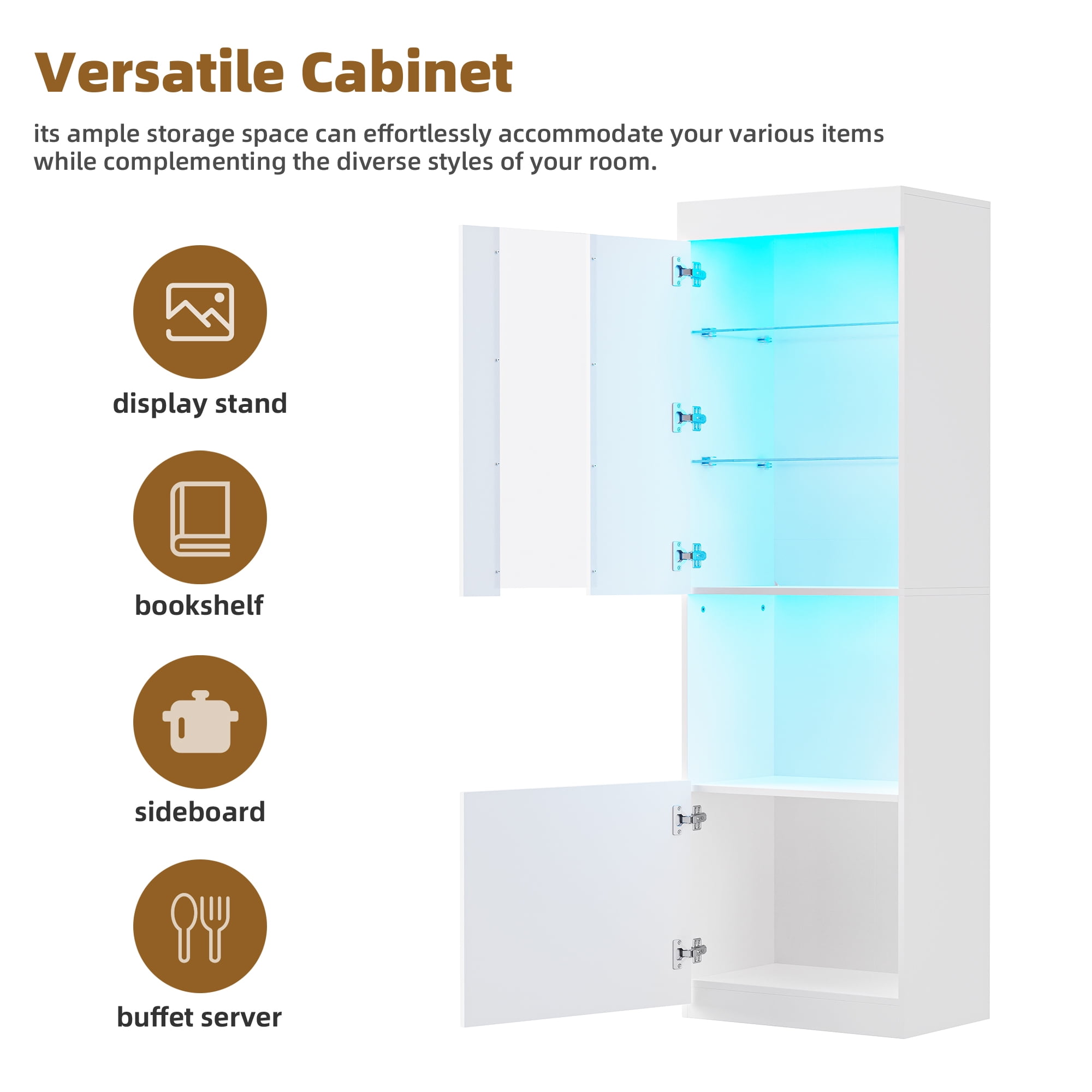 MAYEERTY High Gloss Storage Cabinet with LED Lights, 67" Tall Pantry Cabinet, Modern Bookcase & Display Cabinet, White