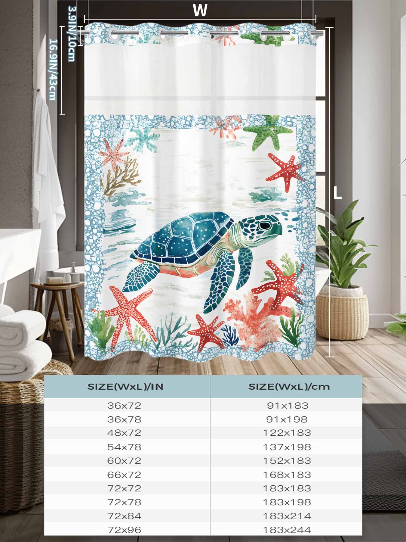 No Hook Shower Curtain with Snap in Liner,Nautical Blue Sea Turtle Starfish Waterproof Bath Curtain Double Layers with See Through Top Window,Ocean Coral Retro Border Hotel Shower Curtains 60x72in