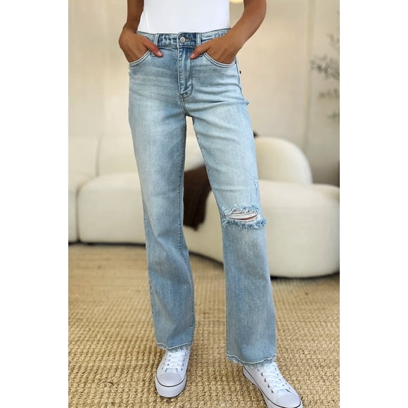 I AM A FASHION JUNKY Judy Blue Full Size High Waist Distressed Straight Jeans (Light, 9(29))
