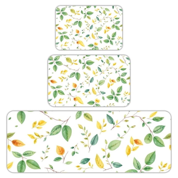 RKSupls Kitchen Rug Set 3 Piece Anti-Slip Flannel Floor Mats, Autumn Leaf Pattern Washable Absorbent Runner Mats for Kitchen Bathroom Home Decor
