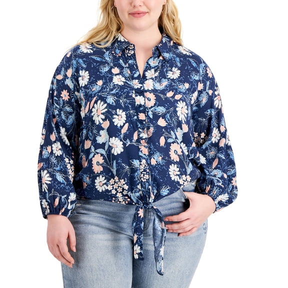 INC International Concepts Plus Size Printed Tie Front Blouse Katika Floral 3X