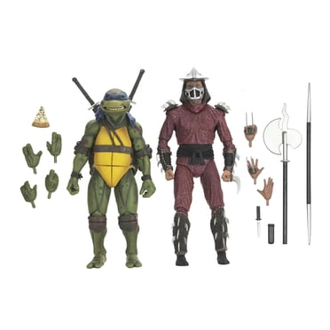 NECA Teenage Mutant Ninja Turtles (1990): Roof Top Battle Shredder Vs Leo Action Figures with Interchangeable Hands and Various Weapons (7") [WM EXCLUSIVE]