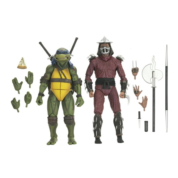 NECA Teenage Mutant Ninja Turtles (1990): Roof Top Battle Shredder Vs Leo Action Figures with Interchangeable Hands and Various Weapons (7") [WM EXCLUSIVE]