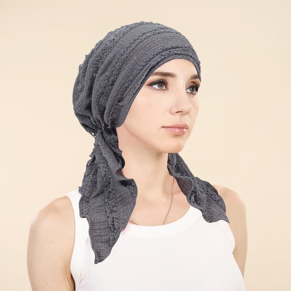 Lumtrix Pre-Tied Headwear For Women Elegant Lace Turban Headwrap Soft Stretchy Caps Breathable Cancer Headscarf Dark Gray One Size
