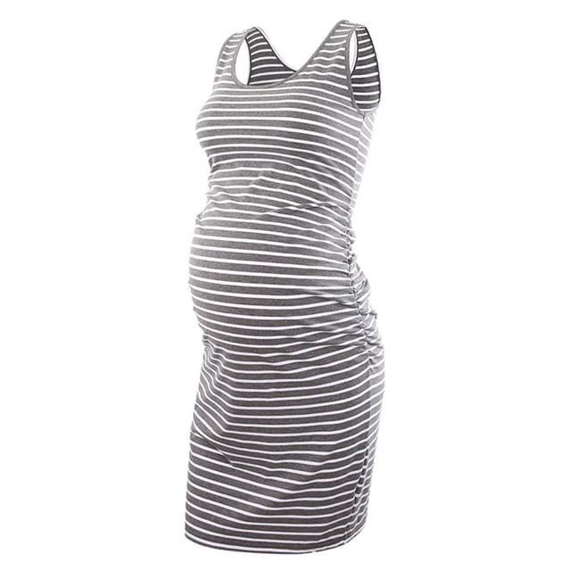 TIMIFIS Robe Débardeur de Maternité pour Femme Gris Foncé à Rayures Sans Manches Mini Robe Moulante Quotidienne Robe d'Été Décontractée à Col Rond Vêtements pour Maman - Printemps/été