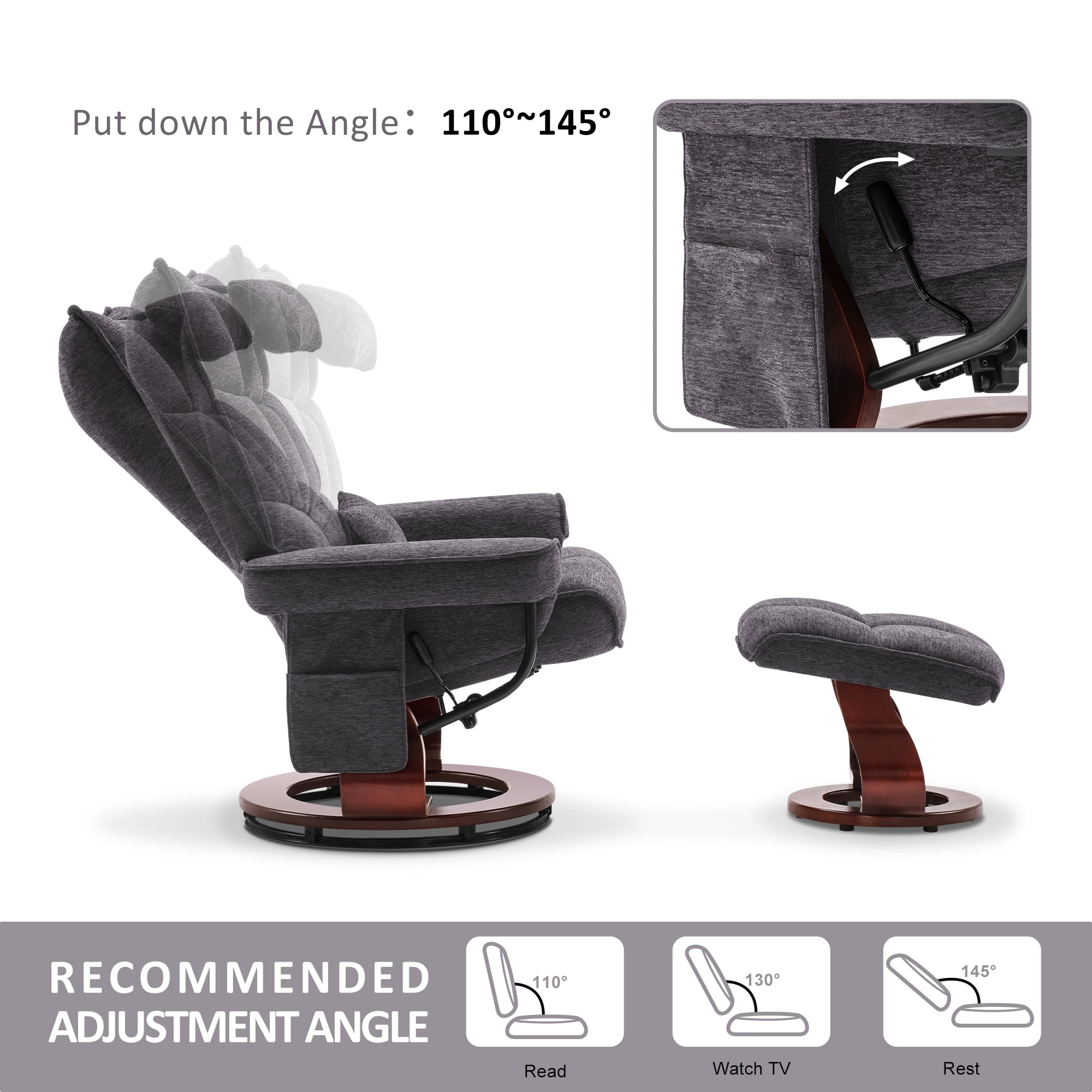 Mcombo Swivel Recliner with Ottoman, Massage TV Chairs with Neck Pillow and Side Pocket for Living Reading Room, Chenille Fabric 4188