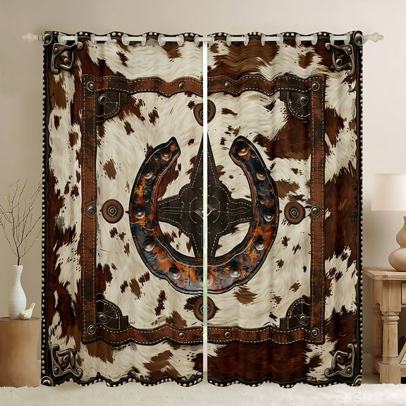 Manfei Cow Hide Print Black Out Curtains,Retro Western Horseshoe Curtains Pack of 2 (42x63 Each),Rustic Farmhouse Cabin Bedroom Curtains For Adults,Microfiber Bedroom Decor