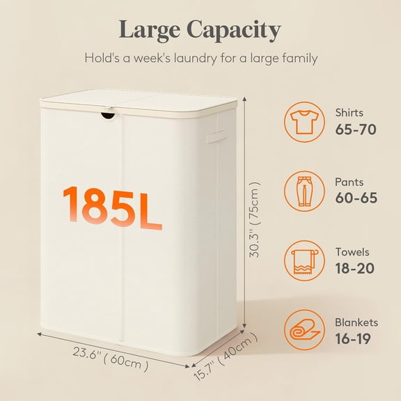 185L Large 3-Section Laundry Hamper with Lid, Bamboo Handles and Removable Bags, White