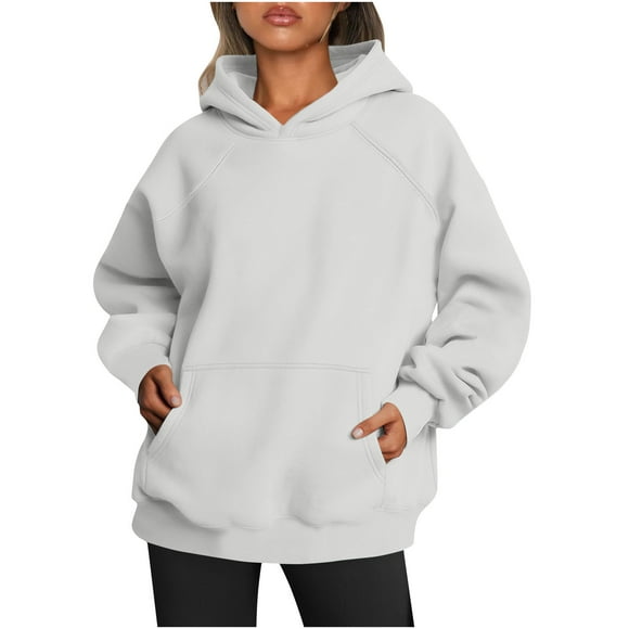 RKSTN Hoodies for Women Fall Solid Color Basic Loose Hoodie Plus Size Sweatshirt Long Sleeve Kangaroo Pocket Drop Shoulder Pullovers Tops