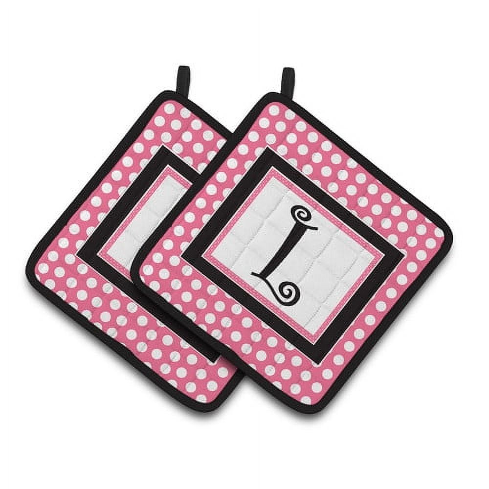 Letter U Monogram - Pink Black Polka Dots Pair of Pot Holders