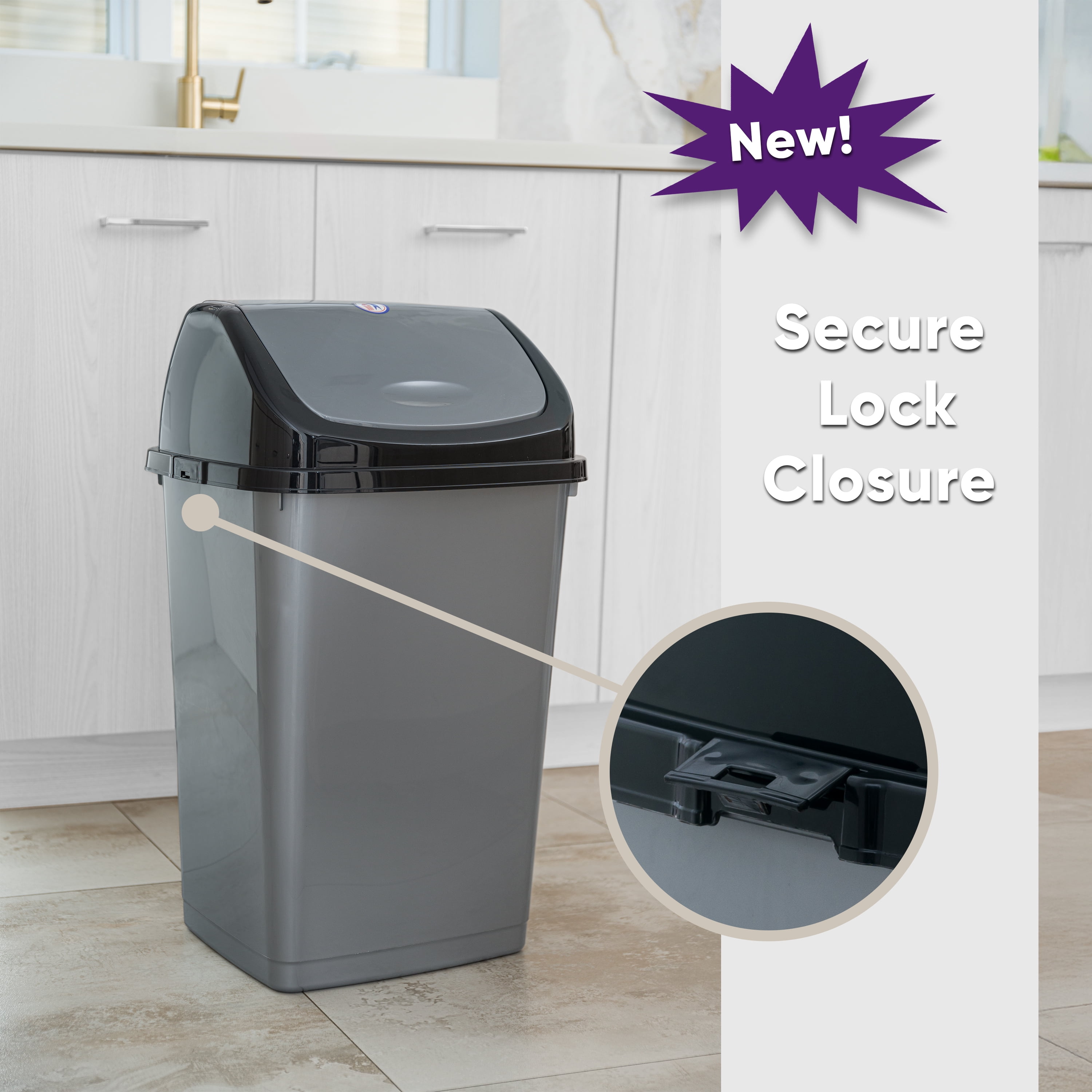 Superio Large Kitchen Trash Can 13 Gallon Grey Swing Top Trash Can with Lid, 52 Qt