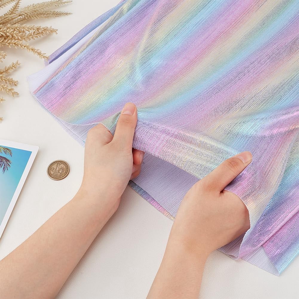 2 Yards Hologram Iridescent Fabric 60.6inch Wide Rainbow Color Fabric for Sewing 4Way Stretch Polyester DIY Fabric Shining Striped Fabric Colorful Fabric for Clothes Dress Decoration