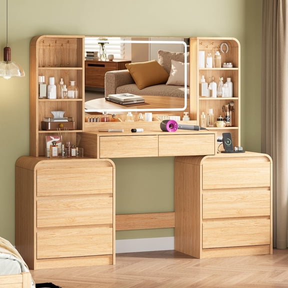 FANRAL Curved Wood Vanity with LED Frame Mirror,Built-in Power Outlet & 8 Drawers,Open Shelves Dressing Table with Large Storage for Bedroom,Natural Oak Vanity