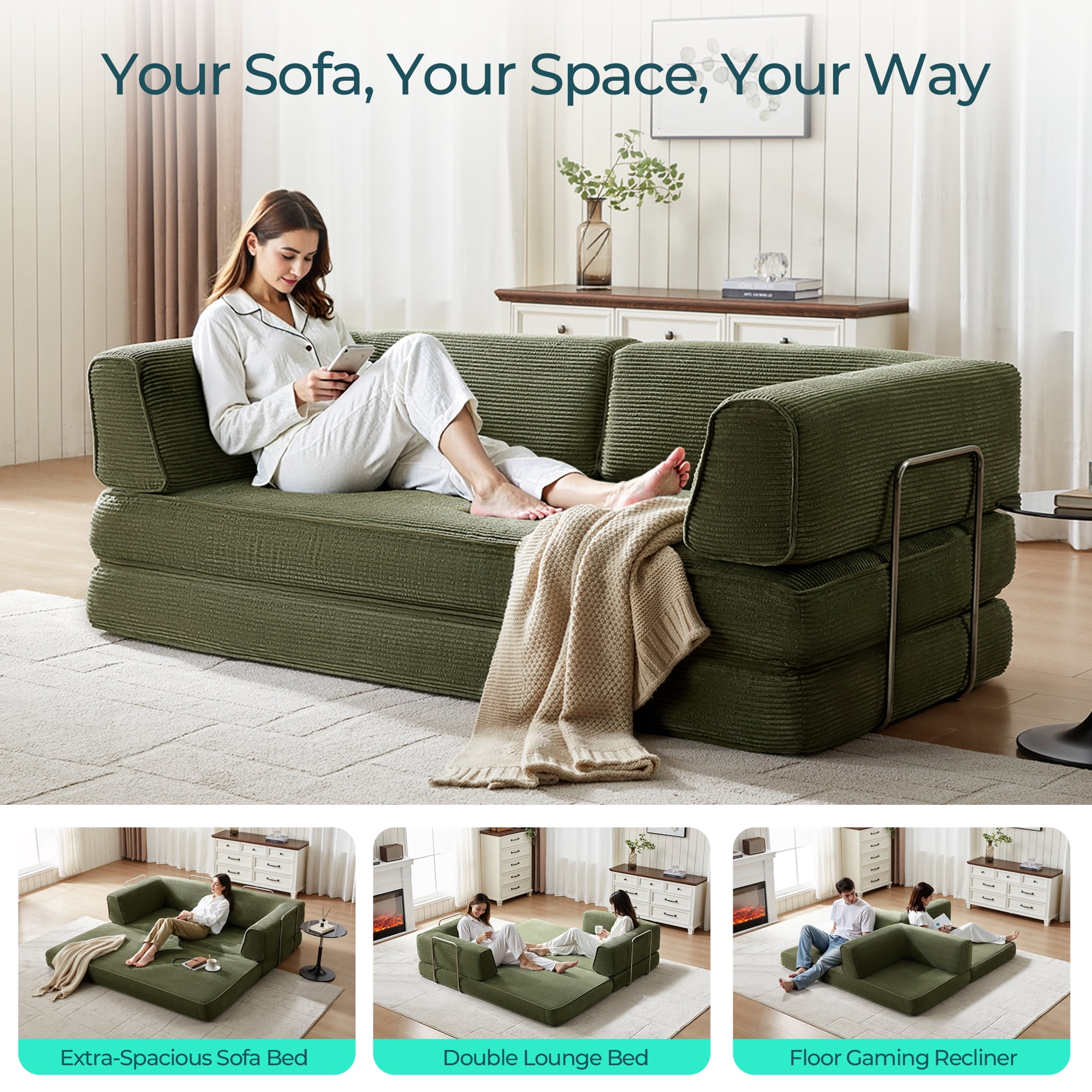 Linsy Home Corduroy Futon Sofa Bed Couch, Convertible Boneless Cloud Couch Bed,  King Size Sleeper Sofa Bed, Green