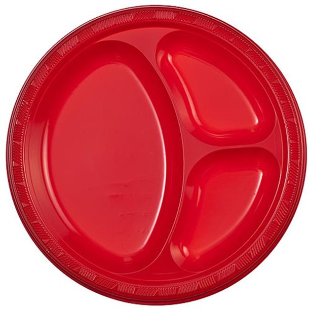 party dimensions 84018 10 in. solid red 3 compartment plastic plate