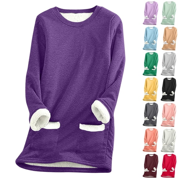 Dezsed Women's Winter Warm Sherpa Lined Fleece Crewneck Sweatshirt Thickened Plush Warm Long Sleeve Pullover Loungewear Tunic Tops with Pockets Light Purple XXXL