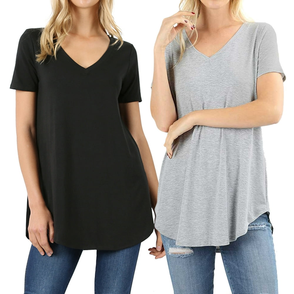 Zenana Women Short Sleeve V Neck Round Hem Relaxed Fit Casual Tee