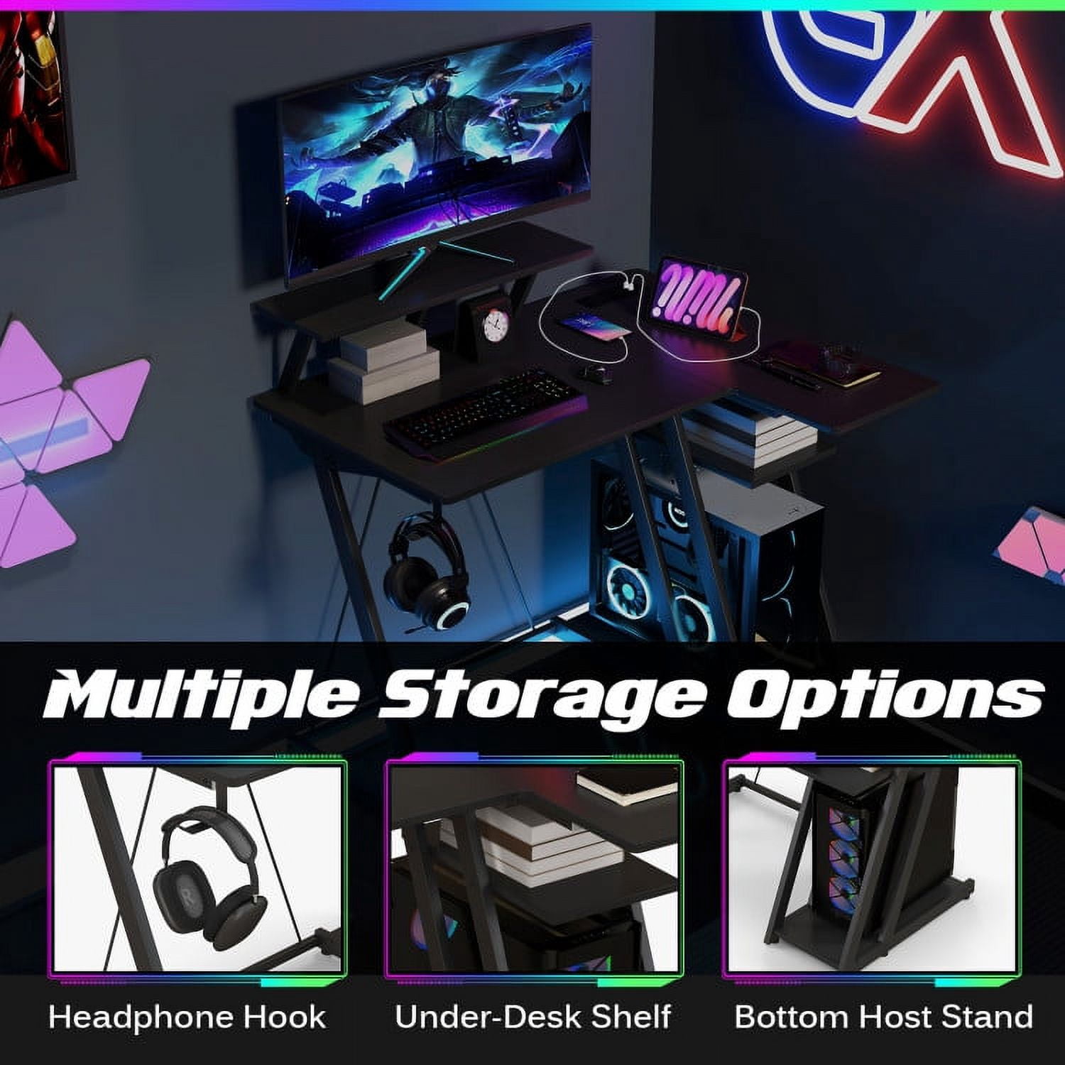 Topcobe L Shaped Gaming Desk with Outlets and USB Ports, Home Office Furniture, Ideal for Working and Studying, Black
