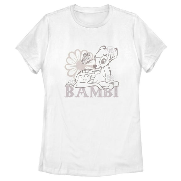 Women's Bambi Flower and Butterfly Sketch  Graphic Tee White 2X Large