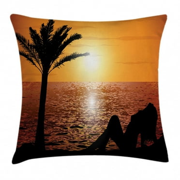 Girls Throw Pillow Cushion Cover, Silhouette of Lady and Palm Tree on Tropical Beach at Sunset Horizon Scenery Print, Decorative Square Accent Pillow Case, 20 X 20 Inches, Black Orange, by Ambesonne