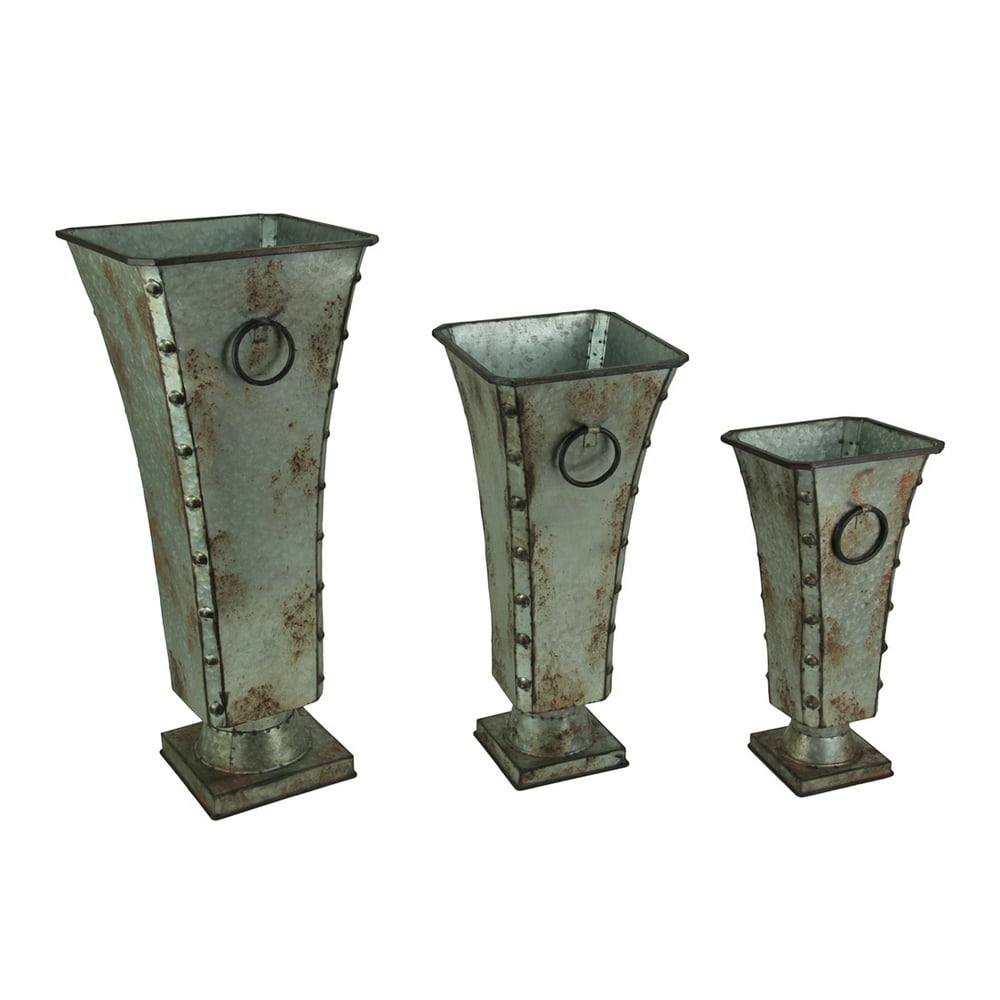 Set of 3 Rustic Galvanized Metal Finish Flared Vases