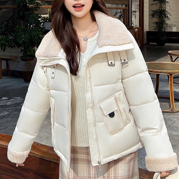 Women's New Fashion Short Puffer Jacket, Korean Style Loose Fit Winter Coat with Large Fur Collar, Thicken Warm Quilted Outerwear for Daily Use, Comfortable Casual Jacket Beige L