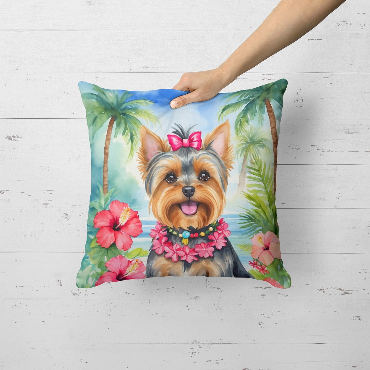 Yorkshire Terrier Luau Throw Pillow 18 in x 18 in