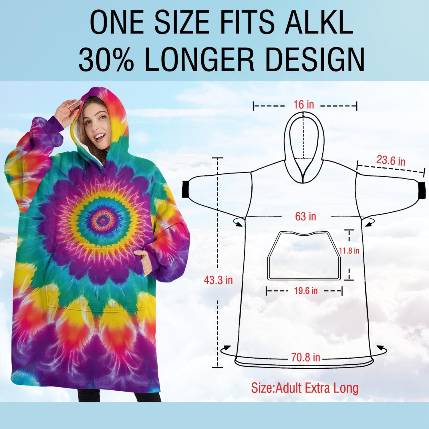 Oversized Wearable Blanket Hoodie,Rainbow Tie Dye Radial Pattern Sherpa Blanket Hoodie with Super Pockets,Super Warm Fuzzy Pullover for Women & Men