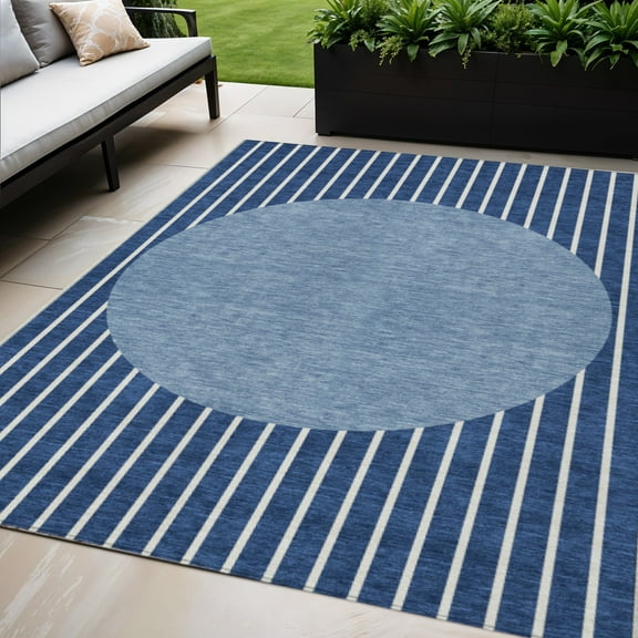 HomeRoots 597182 5 x 8 ft. Navy Blue & Gray Striped Washable Indoor & Outdoor Rectangle Area Rug