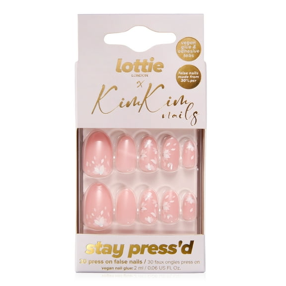 Lottie London & Kim Kim Press on Nail Set, Glazed and Unfazed, Rounded Almond Shape, Floral Design, 30 False Nails